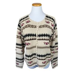 Vintage Lise J Cardigan Sweater Biege Pink Floral Button Front Women's L Cottage